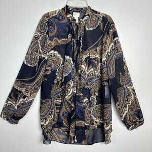 Chico's Women's Floral Paisley Sheer Ruffle Top‎ Size 1 Navy Tie Neck Blouse Med